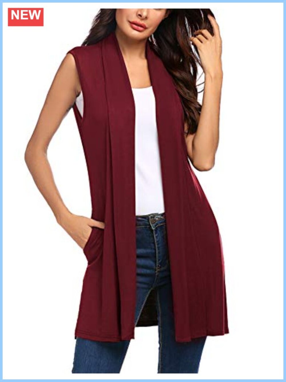Long Sleeveless Draped Open Front Cardigan Vest with Side Pockets